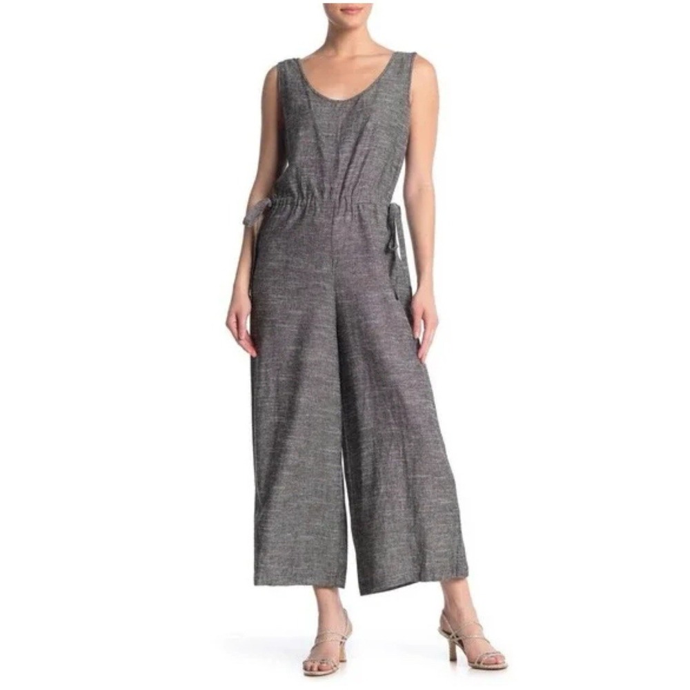 Max Studio Linen Jumpsuit Sz S Sleeveless Wide Leg Crop Heather Gray Casual Boho